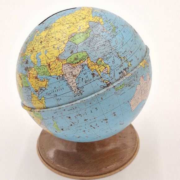 VTG Ohio Art Tin Metal Litho Earth Globe World Coin Piggy Savings Bank W/Stopper - Picture 6 of 10